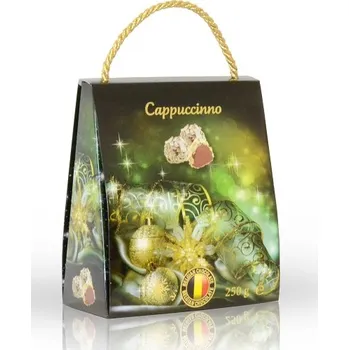 Bonboniéra Selllot, s.r.o., K Hájům 34, 155 00 Praha 5 - Vyrobeno v Belgii Mléčné čokoládové lanýže cappuccinno s vločkami z bílé čokolády v dárkové tašce - Vánoce 250g