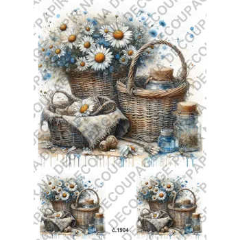 Umělecký papír Rýžový a soft papír na decoupage - Proutěný košík s květinami - KB01904 Materiál: Soft, Rozměr: A4