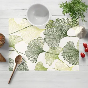 prostírání Bavlněné prostírání na stůl Sandra SA-576 Zelené Ginkgo listy na bílém 30x40 cm