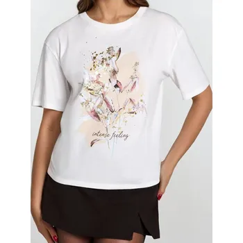 Dámské tričko Sinsay - Bavlněné oversize tričko s potiskem - krémová - 241IN-01X - 241IN-01X-L