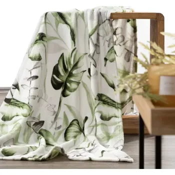 deka Plyšová deka bílá s motivem zelených listů monstery Šířka: 150 cm | Délka: 200 cm