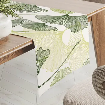 ubrus Bavlněný běhoun na stůl Sandra SA-576 Zelené Ginkgo listy na bílém 20x140 cm