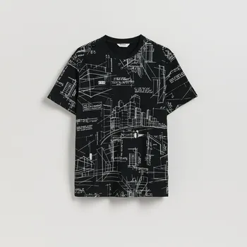 Pánské oblečení Reserved - Tričko comfort s potiskem - černý - 445EX-99X - 445EX-99X-L