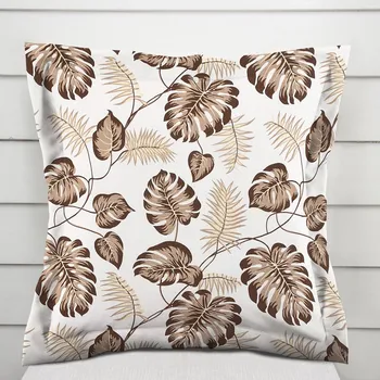 Povlak na polštářek Bavlněný povlak na polštář s lemem Sandra SA-498 Hnědé listy monstery na bílém 50 x 50 cm