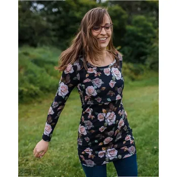 Těhotenské šaty Mikinové šaty těhotenské i kojící Shara - květy na černé Velikost: XL
