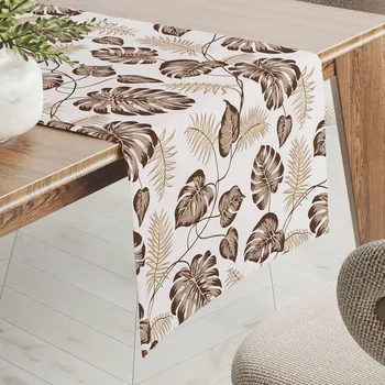 ubrus Bavlněný běhoun na stůl Sandra SA-498 Hnědé listy monstery na bílém 20x140 cm