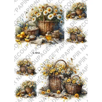Umělecký papír Rýžový a soft papír na decoupage - Proutěný košík s květinami - KB01912 Materiál: Soft, Rozměr: A4