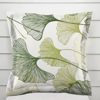 Povlak na dekorativní polštářek Bavlněný povlak na polštář s lemem Sandra SA-576 Zelené Ginkgo listy na bílém 40 x 60 cm