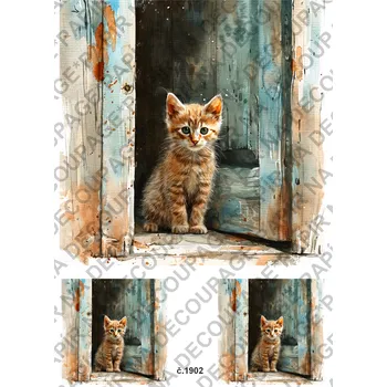 Umělecký papír Rýžový a soft papír na decoupage - Kočka ve vratech - KB01902 Materiál: Soft, Rozměr: A4