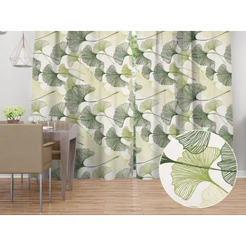 ubrus Bavlněný závěs Sandra SA-576 Zelené Ginkgo listy na bílém 150x160 cm