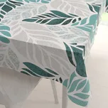 Bavlněný obdélníkový ubrus Sandra SA-572 Šedo-modrozelené abstraktní listy na bílém 140x220 cm