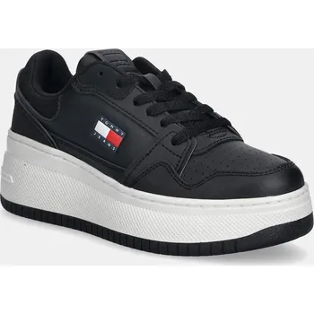 Dámské tenisky Kožené tenisky Tommy Jeans TJW RETRO BASKET FLATFORM dámské, černá barva, EN0EN02860 99X, EUR 41