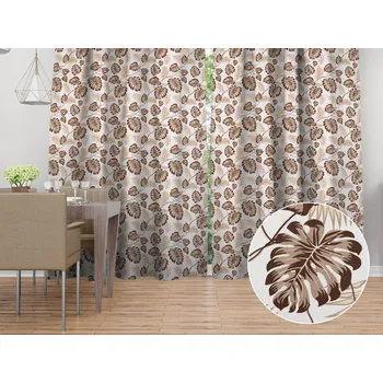 ubrus Bavlněný závěs Sandra SA-498 Hnědé listy monstery na bílém 150x200 cm