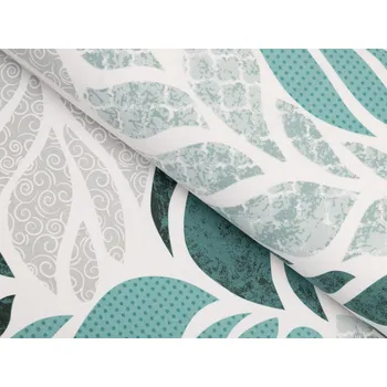 Bavlněná látka/plátno Sandra SA-572 Šedo-modrozelené abstraktní listy na bílém - šířka 160 cm