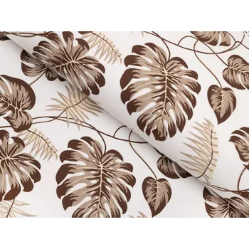 Bavlněná látka/plátno Sandra SA-498 Hnědé listy monstery na bílém - šířka 160 cm