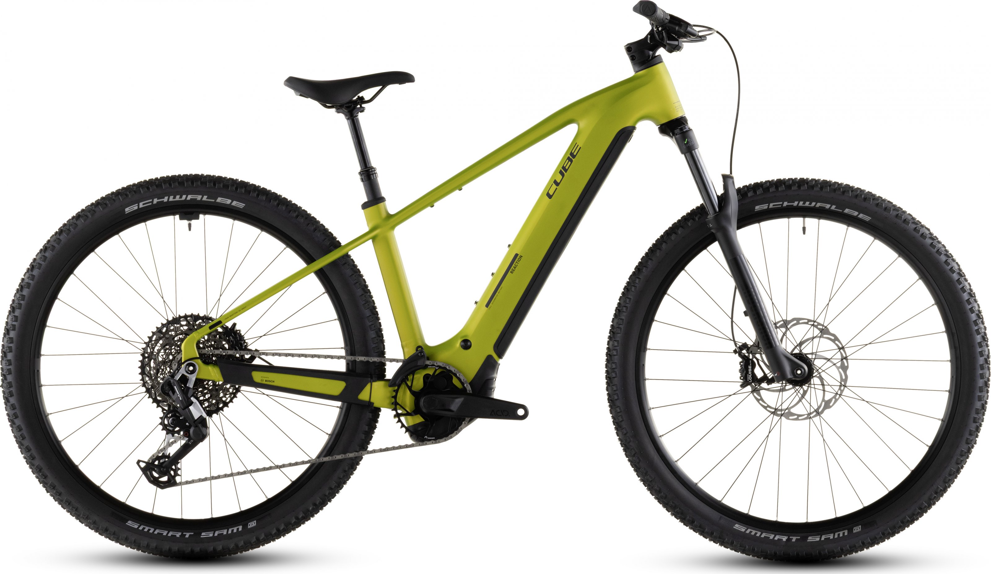 CUBE Reaction Hybrid Race 800 29" – Bosch CX, 800 Wh, RockShox, Sram Eagle Transmission 12 Barva: Zelená, Velikost: M Bosch CX až 120 Nm| 800 Wh | RS Recon Silver 120 mm | Sram Eagle 90 Transmission 1x12 | Schwalbe 2,6" | Hydr. brzdy | Teleskop. sedlovka