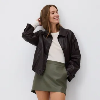 Reserved - Kraťasová sukně z umělé kůže - hnědozelená - 298FT-78X - 298FT-78X-XL