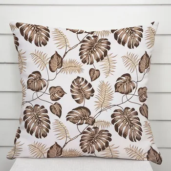 Povlak na dekorativní polštářek Bavlněný povlak na polštář Sandra SA-498 Hnědé listy monstery na bílém 40 x 60 cm
