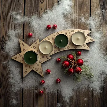 Vánoční dekorace Dřevěná vánoční kometa se svíčkami – motiv stromečky