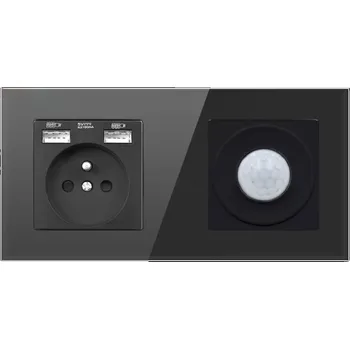 Elektrická zásuvka SRAN zásuvka 230v + 2xUSB5V + PIR vypínač se skleněným dvojrámečkem dvojrámečkem sklo černým