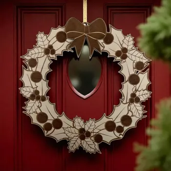 Vánoční dekorace Dřevěný vánoční věnec k zavěšení – motiv mašle a cesmína