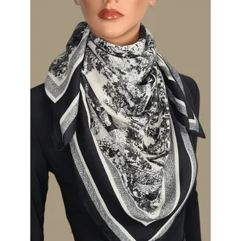 Šátek Classic Scarf Bílý šátek s černým potiskem přírody Stromy Lev Tygr black & white 90 cm