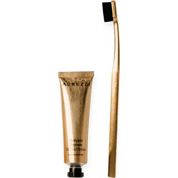 Zubní kartáček AUREZZI Cestovní sada s černým kartáčkem a zubní pastou Travel Mini Gold