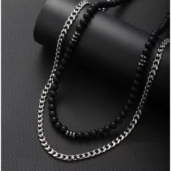Náhrdelník B-TOP Sada dvou pánských náhrdelníků – nerezový řetízek a kamenné korálky