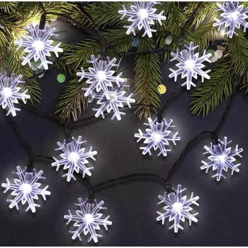 Vánoční osvětlení Vnitřní LED vánoční řetěz se sněhovými vločkami, studená bílá, zelený kabel, 3m, 28 LED