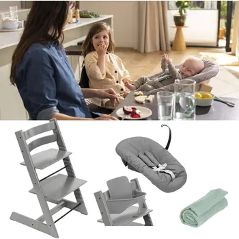 STOKKE Set Tripp Trapp Židlička + Baby set + Newborn set Storm Grey/Anthracite + deka Sage Green