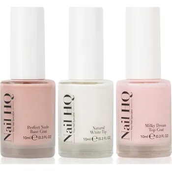 Lak na nehty Nail HQ French Manicure Trio Set Perfect Nude Base Coat podkladový lak na nehty 10 ml + Natural White Tip lak na nehty 10 ml + Milky Dream Top Coat vrchní lak na nehty 10 ml