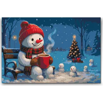 Malování podle čísel - Sněhulák na lavičce Velikost: 40x60cm, Rámování: Pouze srolované plátno