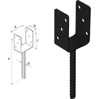 Tesařské kování DOMAX PS zapuštěná patka sloupku typu U Nastříkaný práškovou barvou černé (C) PS 80 U - 81 x 60 x 124 x 4.0 mm (6 ks)