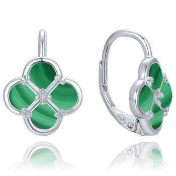 Náušnice Moonlit Stříbrné náušnice s malachitem a motivem čtyřlístku