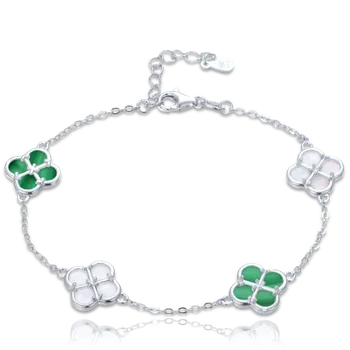 Náramek Moonlit Stříbrný náramek s malachitem a perletí čtyřlístky