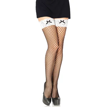 Dámské erotické prádlo Síťované samodržící černé punčochy s bílou krajkou
