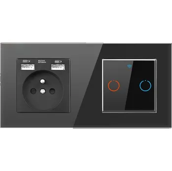Elektrická zásuvka SRAN zásuvka 230V+2xUB + Ai WiFi dvojvypínač s rámečkem sklo černý