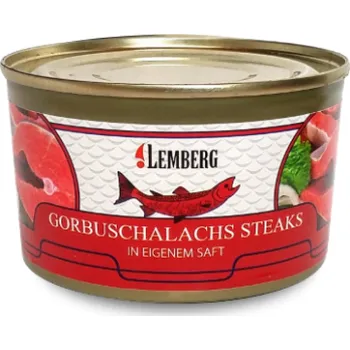 konzervovaná ryba Lemberg Divoký losos gorbuša – kousky ve vlastní šťávě, 213 g
