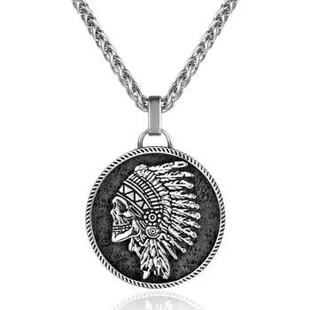 Přívěsek Ocelový přívěsek Indián Náčelník – lebka s perovou čelenkou - Model BEZ ŘETÍZKU (pouze přívěsek)