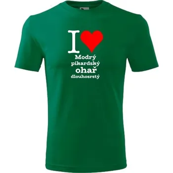 Chlapecké tričko Zelené dětské tričko I love Modrý pikardský ohař dlouhosrstý - dárek pro malého pejskaře / pejskařku - barva zelená - velikost 6let