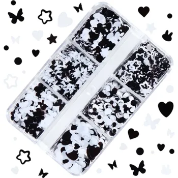 Flitry na dekorace 3-4g Černé a bílé mix tvarů Flitrové ozdoby na nehty, umění, DIY tvoření, šití, scrapbook a dekorace