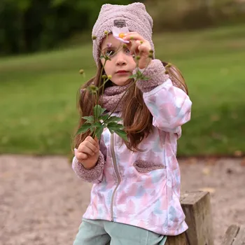 Kojenecká bunda softshellový kabátek s fialkovou kapucí a šálou