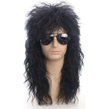 Karnevalová maska Rockstar paruka 70. a 80. léta blond punková nadýchaná dlouhá mullet syntetická cosplay paruka pro muže Halloween párty s čepicí zdarma černá