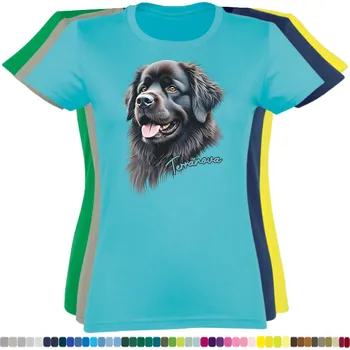 Dámské tričko damske-levne-bavlnene-tricko-digitalni-potisk-novofundlandsky pes Barva: Turquoise - tyrkysová, velikost: L