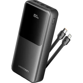 Vention 20000mAh Power Bank with Integrated USB-C and Lightning Cables 22.5W Black LED Display Type