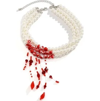 Karnevalová maska Vícevrstvý vintage náhrdelník s imitací perel a krystaly červený krevní vzor střapcový přívěsek goth šperky halloweenský korálkový řetízek