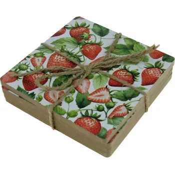 Podtácek Podtácky 4 ks "Jahody" 10 x 10 cm (Dřevěné podtácky v krabičce)