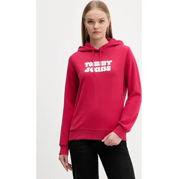 Dámská mikina Bavlněná mikina Tommy Jeans dámská, růžová barva, s kapucí, s potiskem, DW0DW21962 42X, vel. M