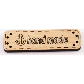 Našívací dřevěná cedulka Hand made - smetanová - rozměr 4,8 cm x 1,5 cm