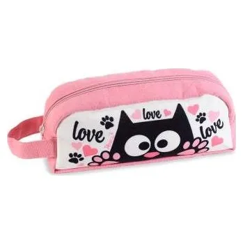 Látkový penál s kočkou a tlapkami - černá, bílá, růžová Barva: růžová